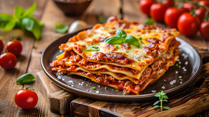 Wall Mural - Baked lasagna with gourmet Italian bolognese sauce on rustic wooden table, homemade, lasagna, delicious, gourmet, Italian