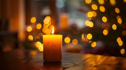 Aufkleber - Glowing candle is casting a cozy light on a table with twinkling christmas tree lights in the background