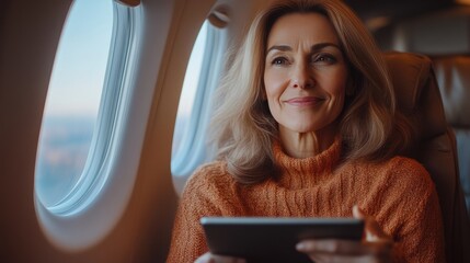 Wall Mural - Business Travel Concept: Woman Working Mid-Flight