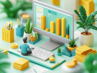 Poster - 3D Illustration of a Person Working on a Computer with a Graph on the Screen.