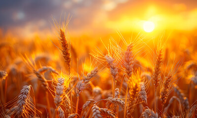 Wall Mural - A field of golden wheat with a sun in the background. The sun is setting and the wheat is tall and dry