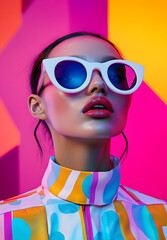 Wall Mural - A vibrant, colorful fashion editorial featuring a model wearing bold sunglasses and oversized in shades of pink, orange, yellow, red, blue, purple, green, black, white, geometric patterns