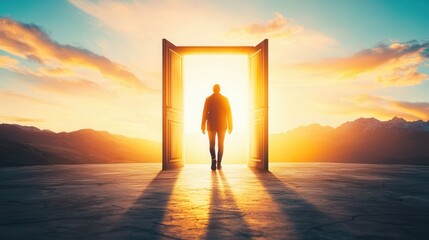 Wall Mural - Man Walking Through Open Door To Bright Future.