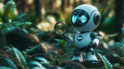 3D illustration of a robot holding a magnifying glass in a natural setting. This robot appears to be designed to be a search or exploration tool, representing the concept of an AI or search engine.