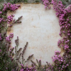 a rustic, vintage background with pink heather flowers framing an empty parchment, creating a charmi