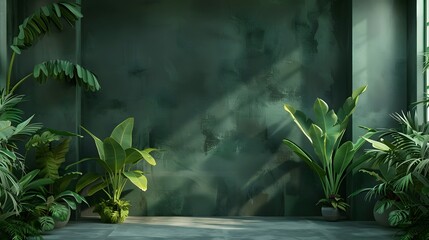 A modern living room with a dark green wall, flanked by lush green indoor plants on both sides.