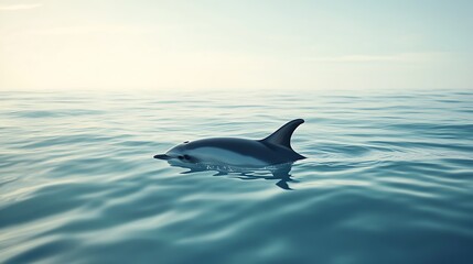 A vaquita dolphin swimming near the surface of a tranquil sea, its small dorsal fin breaking the water.