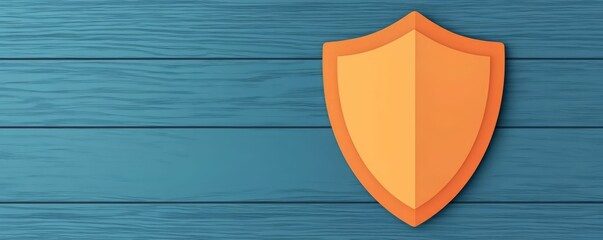 A vibrant orange shield icon on a wooden blue background, symbolizing protection and security in design.