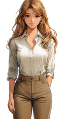 Anime business woman standing confidently in casual attire with a white blouse and a relaxed posture exuding elegance and professionalism in a minimalistic setting