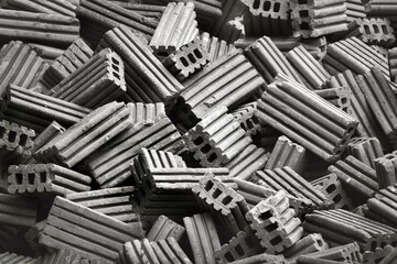 Wall Mural - A pile of bricks is shown in black and white. The bricks are stacked in various sizes and shapes, creating a sense of depth and texture. The image conveys a feeling of chaos and disarray