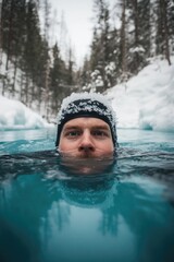 Wall Mural - Man swimming in lake frozen