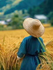 Canvas Print - Woman in straw hat in wheat field