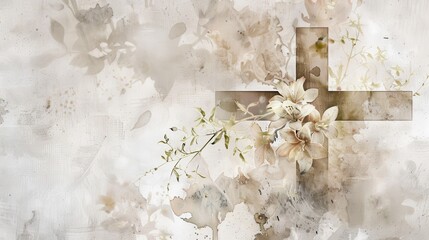 Wall Mural - Beautiful Cross with Floral Decorations, Christian Celebration and Life, Biblical Illustration, Beige Background, copyspace