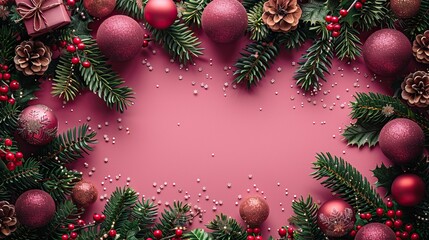 Wall Mural - christmas or new year poster flat lay composition with baubles fir branches gift boxes on pink background.