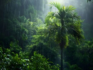 Canvas Print - Dense tropical rainforest during heavy rainfall in the morning with vibrant greenery and a single palm tree