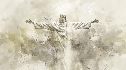 Wall Mural - Jesus with Outstretched Arms in Watercolor, Faith and Salvation, Biblical Illustration, Beige Background, copyspace