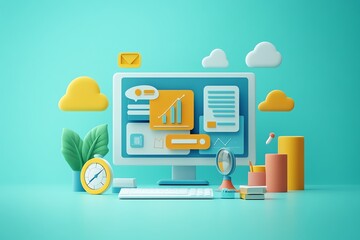 Fototapete - Modern 3D Illustration of a Computer with Clouds, Plants, and Geometric Shapes.