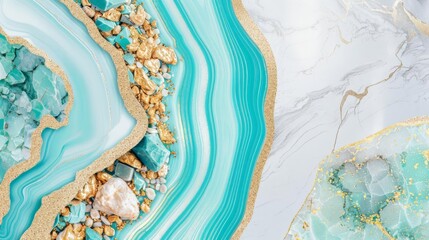 Wall Mural - Marble texture, turquoise and gold, flat design illustration