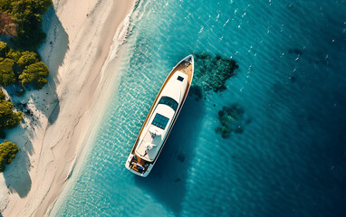 Aerial view of luxury yacht on the sandy beach. Top view