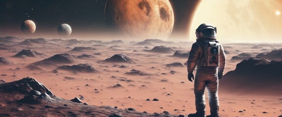 An astronaut stands on a rocky alien planet, gazing at three moons in the sky. The scene is set against a barren, otherworldly landscape. Concept of space exploration