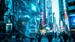 © stopcontrol - A glowing digital face hovers in a futuristic urban environment, symbolizing AI, technology, and the integration of human and machine.