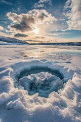 Poster - Hole in snow with sunny background,