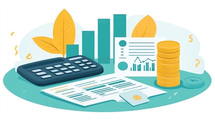 Aufkleber - Financial Growth Concept with Calculator, Graph, and Coins.