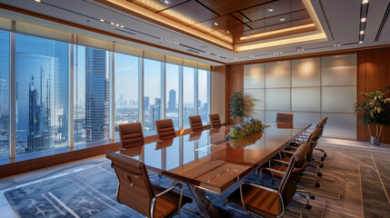 A modern boardroom with a large wooden table, leather chairs, and a panoramic view of the city, set up for an executive meeting.