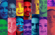 © Lustre Art Group  - Vibrant collage of faces, each shining through bold, colorful stripes, captures joy and diversity of humanity, weaving together unique expressions in harmony. Concept of youth, social equality. Ad