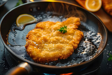 Wall Mural - Golden crispy schnitzel cooking in pan, pan, cooking, golden, crispy, frying