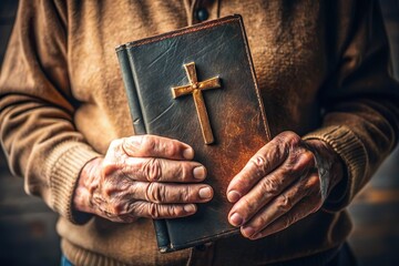 old christian person hold leather bible book with holy cross symbol