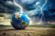 © Jason - earth globe under stormy sky with thunder. Extreme climate change concept
