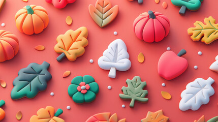 Late autumn. A vibrant assortment of autumn-themed cookies shaped like leaves, pumpkins, and mushrooms displayed on a pink background, perfect for seasonal treats.

