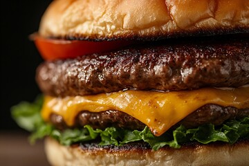 Juicy cheeseburger close-up images showcase mouthwatering layers of beef patty cheese and fresh toppings for food advertising menu design or restaurant wall decor