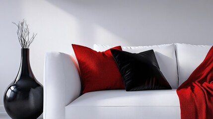 Poster - White couch with red pillows and black vase