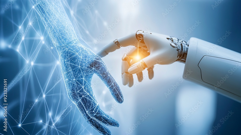 Hands of robot and human touching on big data network connection ...