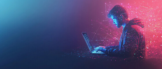 Man Working on Laptop with Digital Network Connection
