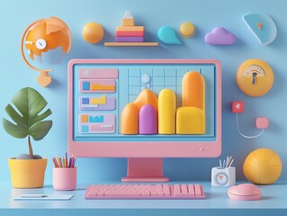 Poster - 3D rendering of a computer desk with colorful objects.