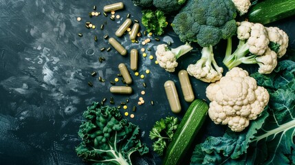 Wall Mural - Fresh vegetables and capsules artistically arranged on a dark surface, symbolizing health and nutrition.