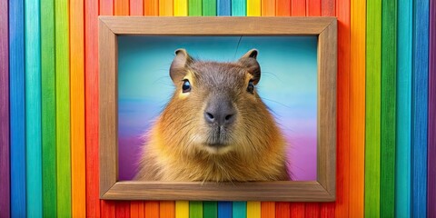 Sticker - Rainbow capybara peeking out of a vibrant picture frame, rainbow, capybara, cute, colorful, picture frame, wildlife