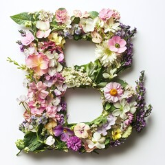 Elegant shot of text Letters â€˜Bâ€™ crafted in flowers on a clean. A beautiful flower arrangement forming the letter 'B'. On an isolated White background 