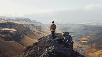 Wall Mural - A lone hiker in a yellow jacket stands on a rocky cliff, overlooking an expansive, misty valley with rugged terrain and distant mountains.