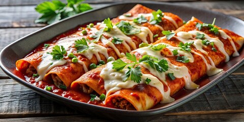 Wall Mural - Platter of homemade enchiladas smothered in red sauce and melted cheese, garnished with cilantro, mexican, food