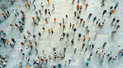 A crowd of people scatter across a vast, open plaza, each individual moving with their own purpose under an expansive, clear sky.