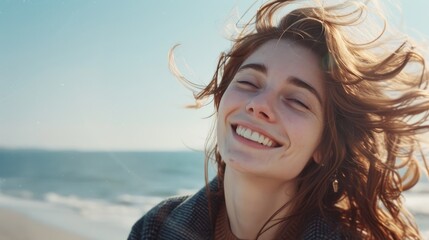 A young woman with windswept hair and a beaming smile stands by the sea, capturing the essence of joy and freedom.