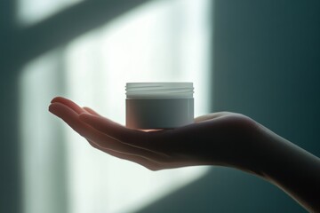 a hand holding white skin cream jar, close up, white background with shadow , ray of light