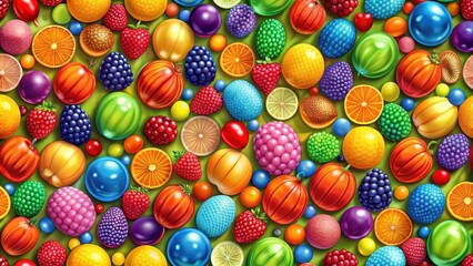 Poster - Seamless pattern of colorful spheres and fruits in a repetitive design, style, spheres, fruits, colorful, seamless