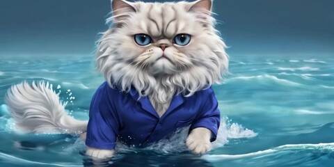 Wall Mural - cat in the sea, cute massive cat battling turbulent sea waves