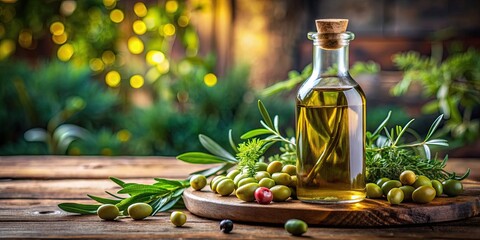 Sticker - High-quality olive oil in a glass bottle with fresh olives and herbs , food, cooking, healthy, Mediterranean, culinary