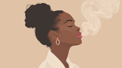 A minimalist illustration of an African American woman with her hair in a bun, eyes closed, and blowing smoke, wearing hoop earrings on a beige background.